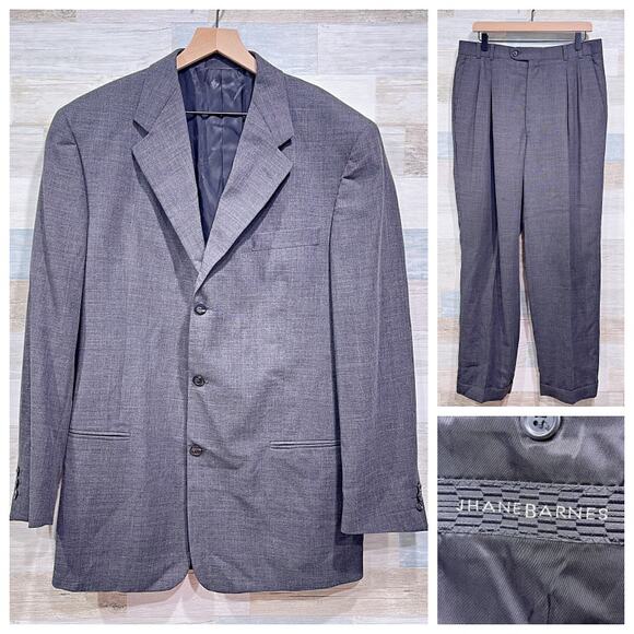 Jhane Barnes Vintage Wool Hopsack Suit Gray 3 Button Mens 42L 36W Pleated Pants - Picture 1 of 13